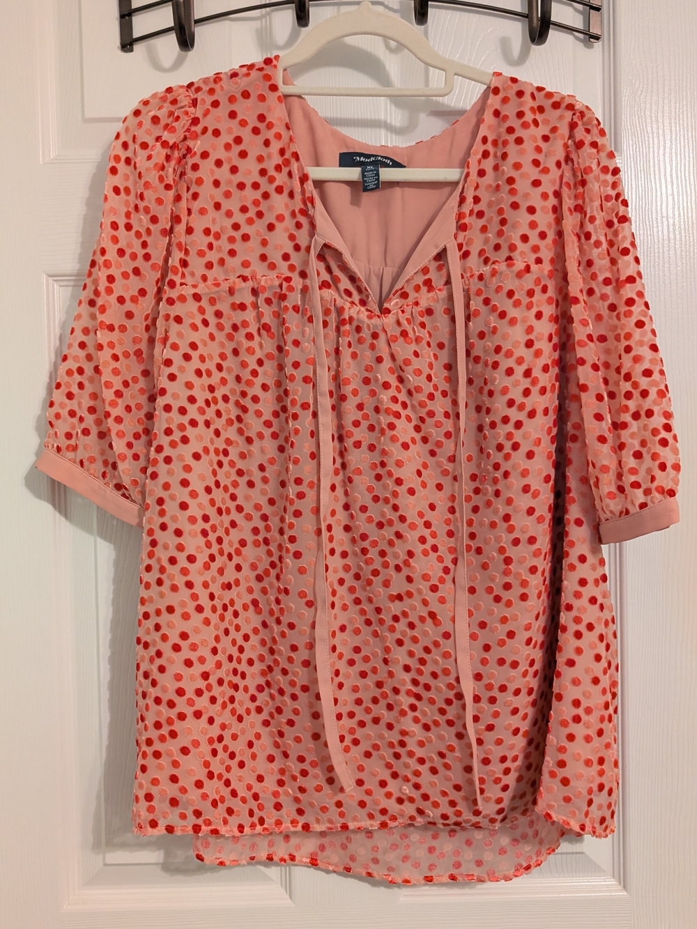 Modcloth Pink Blouse with Red Polka Dots